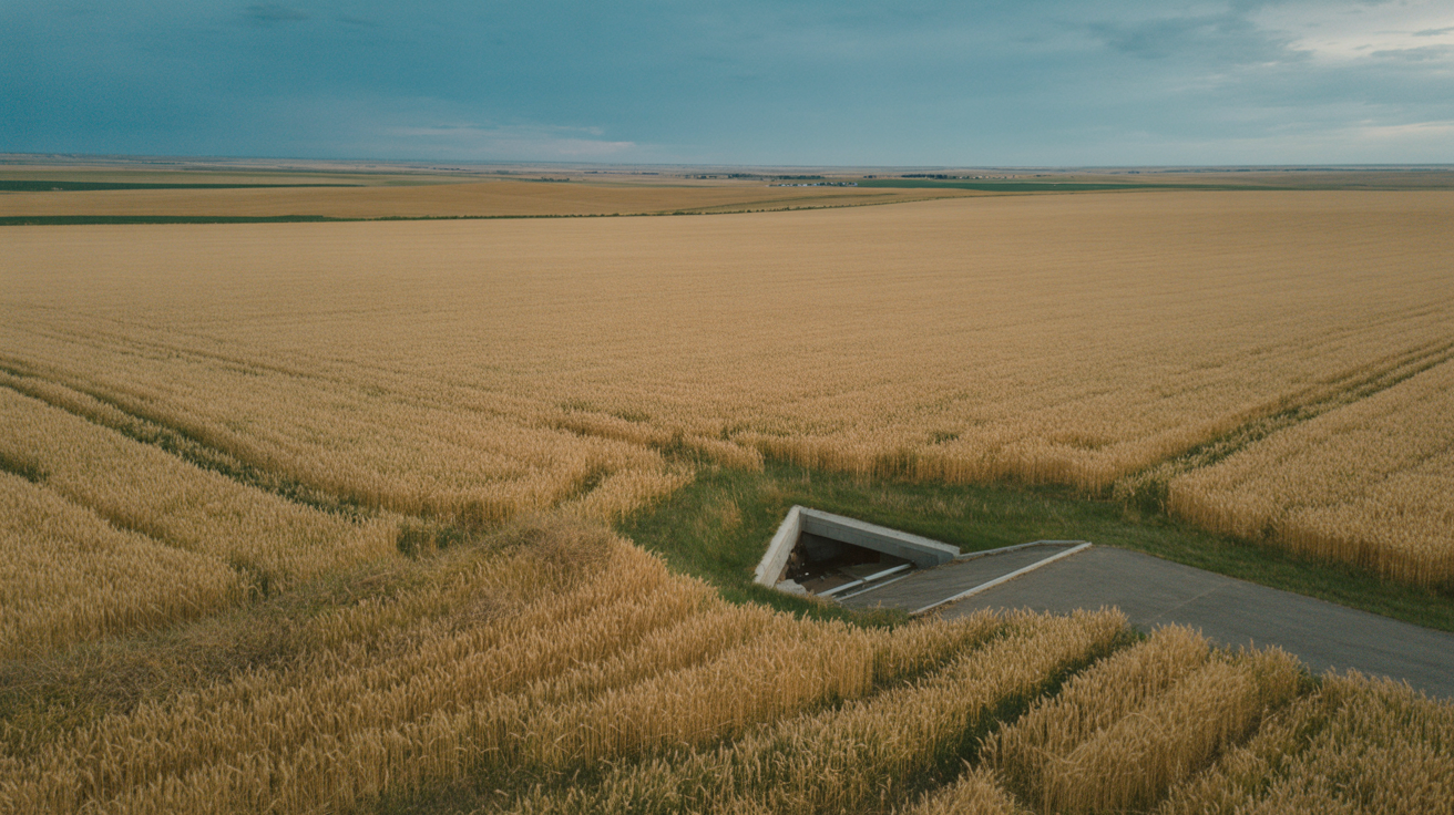 Aerial view of the Atlas E missile silo site among Washington wheat fields